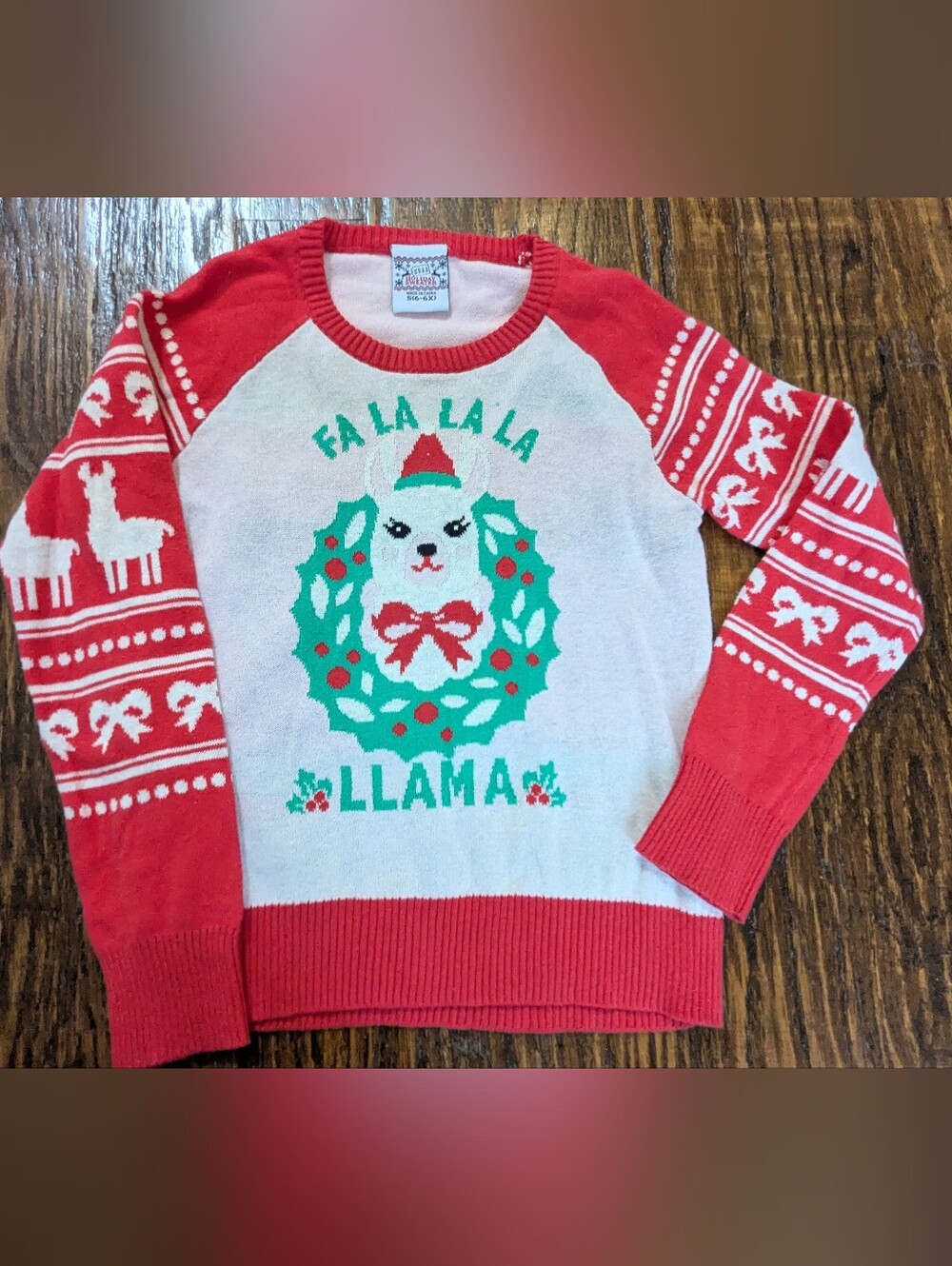 Holiday Red & White Kids Sweater - Festive Wreath Design Size 6